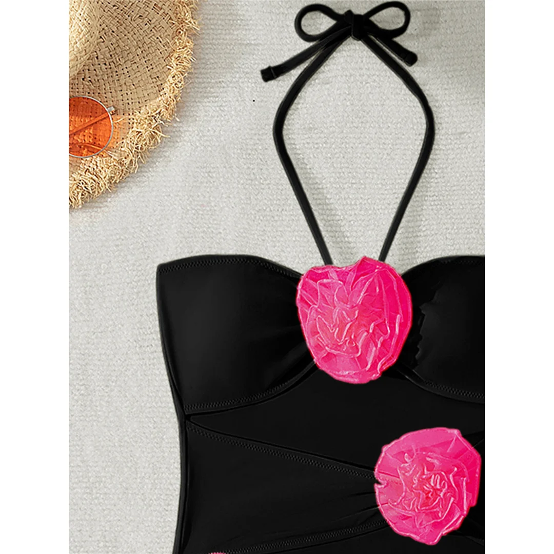 Neuer, verführerischer, einteiliger Badeanzug mit 3D-Blumenmuster, Halterneck, für Damen, mit hohem Beinausschnitt, gepolstert, Badebekleidung, Modell V8274. – Detail 9