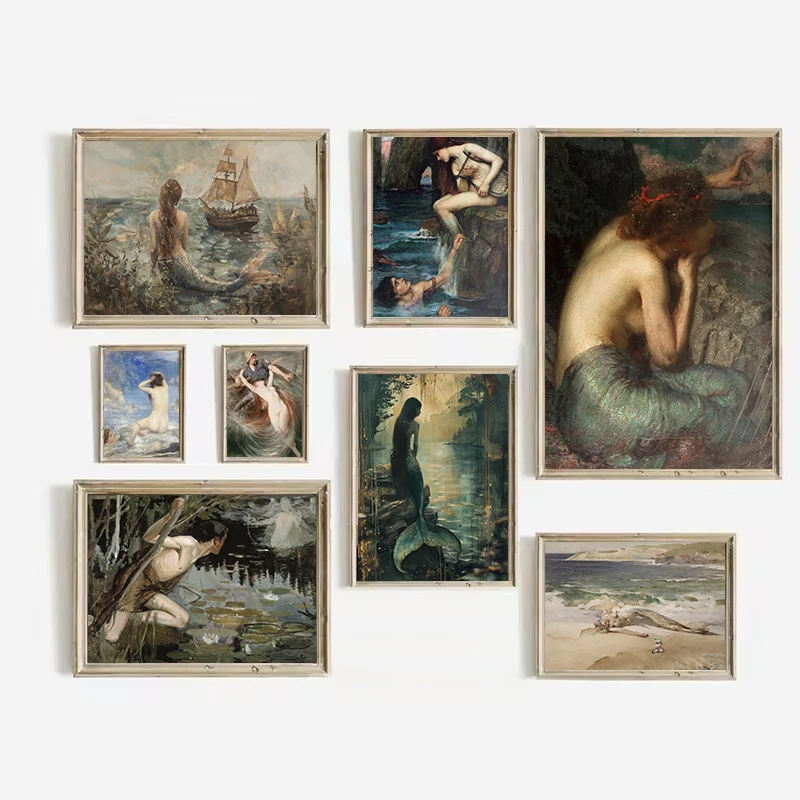 Vintage Mythology Mermaid The Siren Gothic Antique Artwork Aesthetic Poster Canvas Painting Wall Art Pictures Home Decor Gift