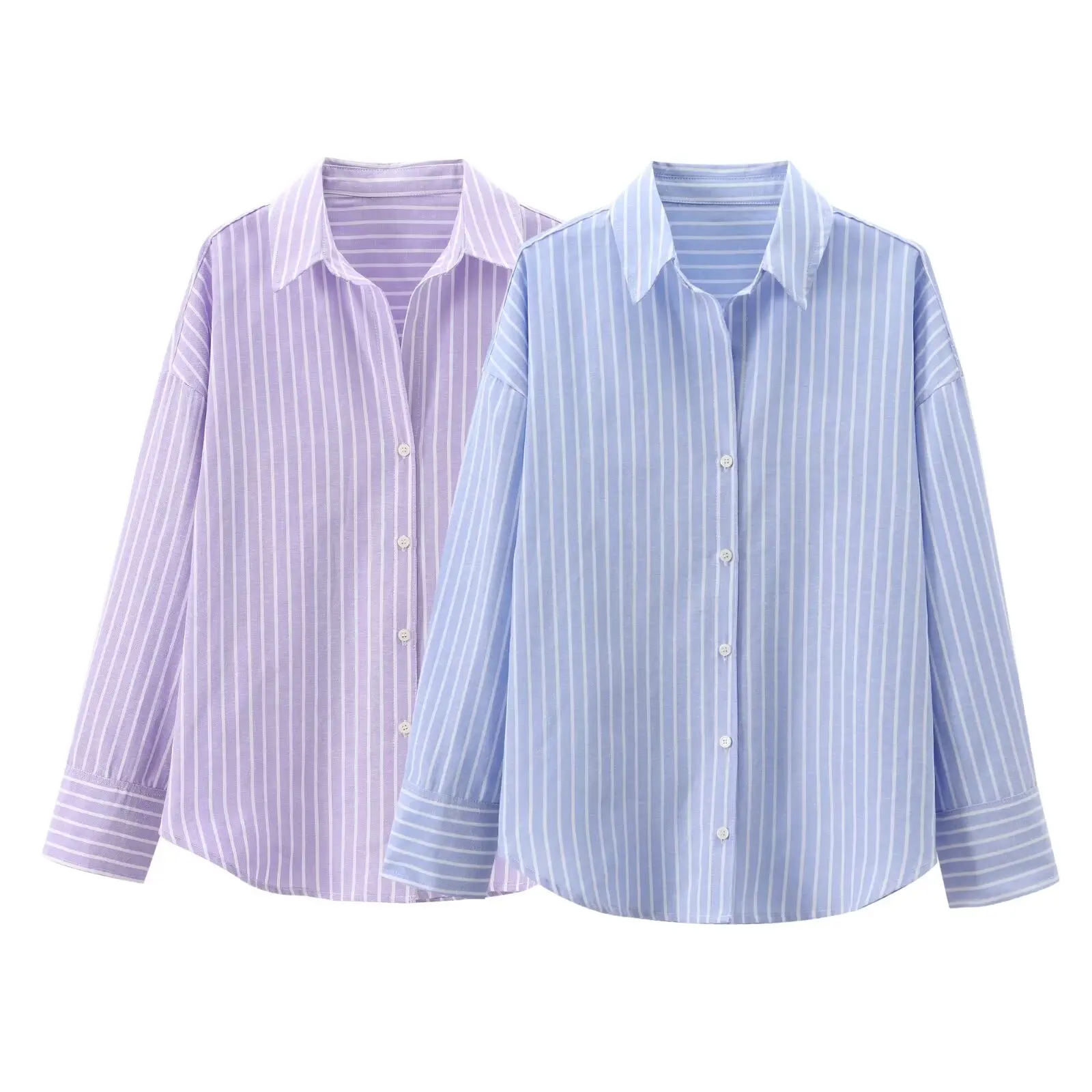 

ZBZA Summer New Women's Faionable Casual Striped Ox irt Long Sve Versatile Design Polyester Fiber Ladies irt