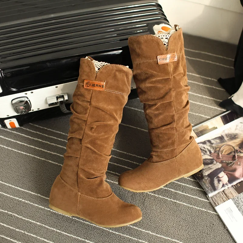 2022 Women Lace Nubuck Flat Heels Winter Snow Boots Shoes Women\'s Flock Plush Padded Winter Long Riding Motorcycle Boots Shoes