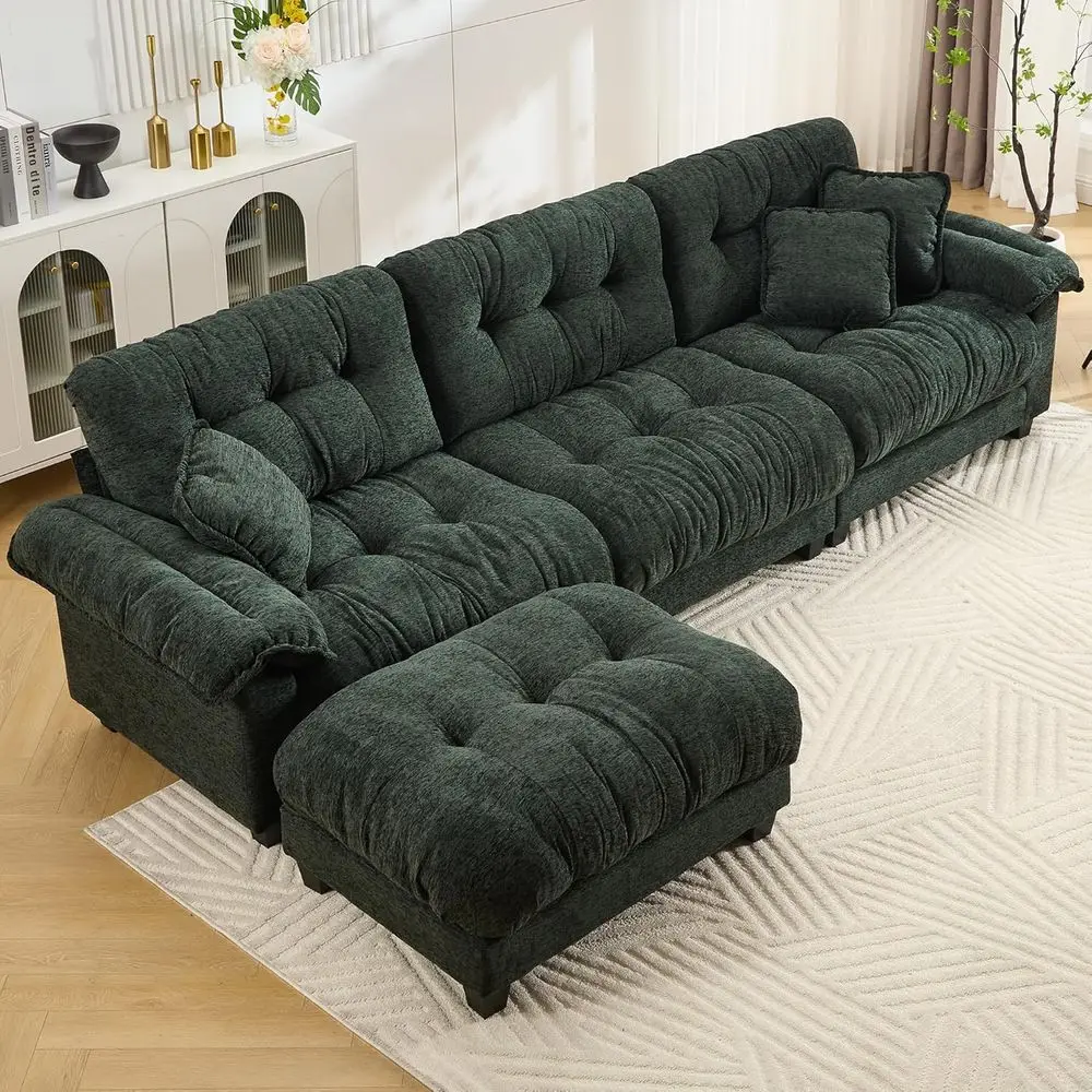 

Green 4-Seat L-Shaped Chenille Sectional Sofa with Deep Seats and Ottoman