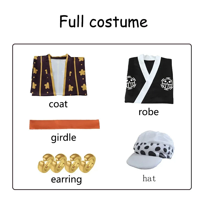 Disfraz de Anime Trafalgar D Water Law, disfraz de Wano Country, bata tipo kimono, pendientes, conjunto completo, disfraces de fiesta de Halloween para hombres
