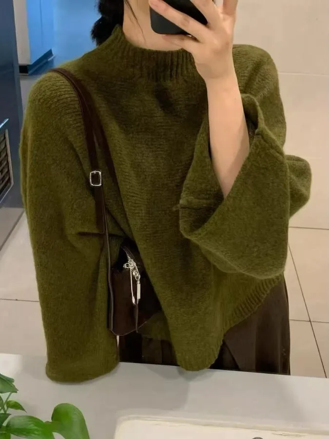 

Stylish Green Half-High Collar Loose Knitted Sweater Women's Autumn Winter Fashion Anti-Aging Short Top Beautiful Korean Style