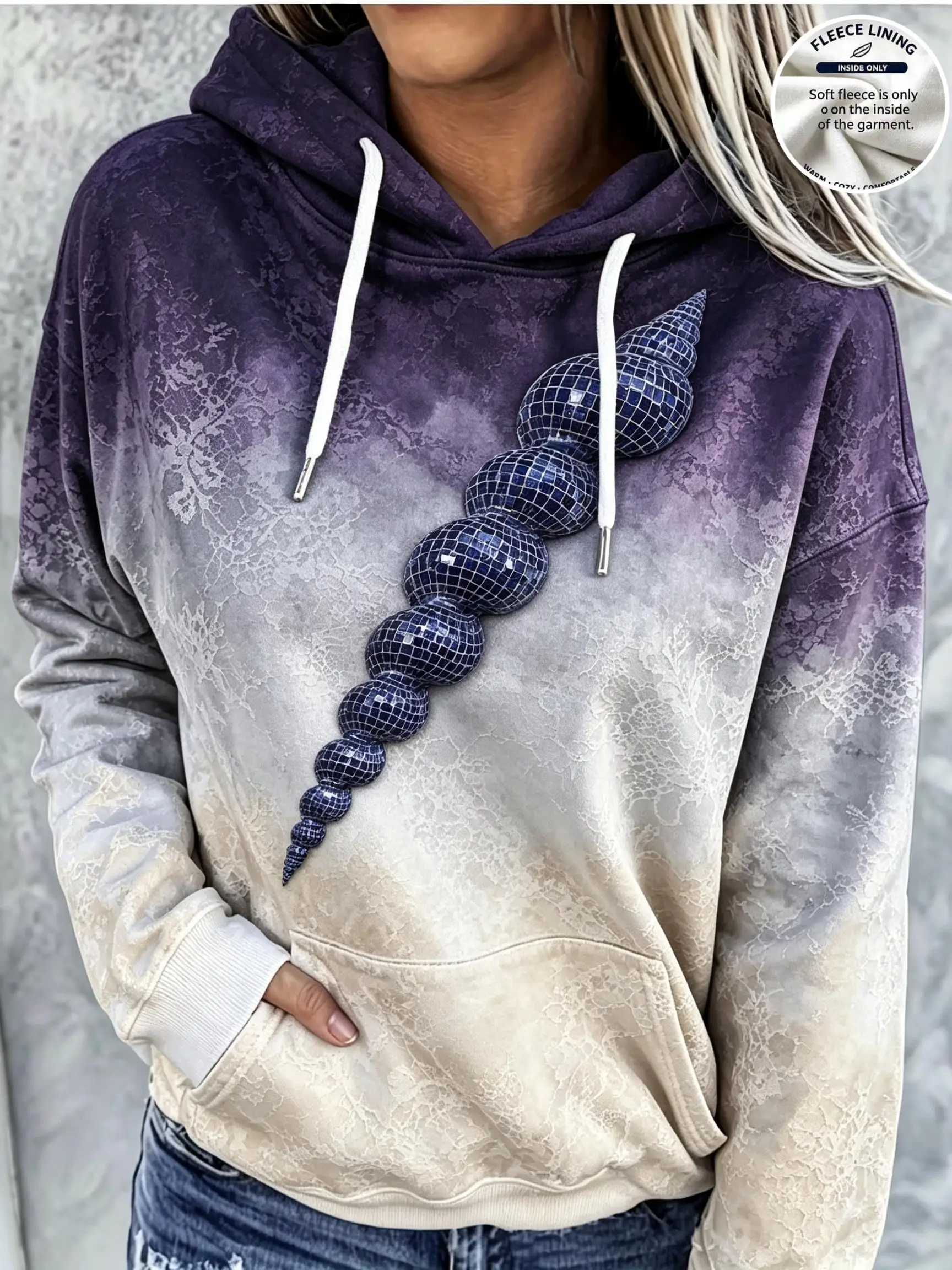 Women Fleece Hoodie Ombre Gradient Fish Pattern Print Long Sleeve Loose Hooded Sweatshirt