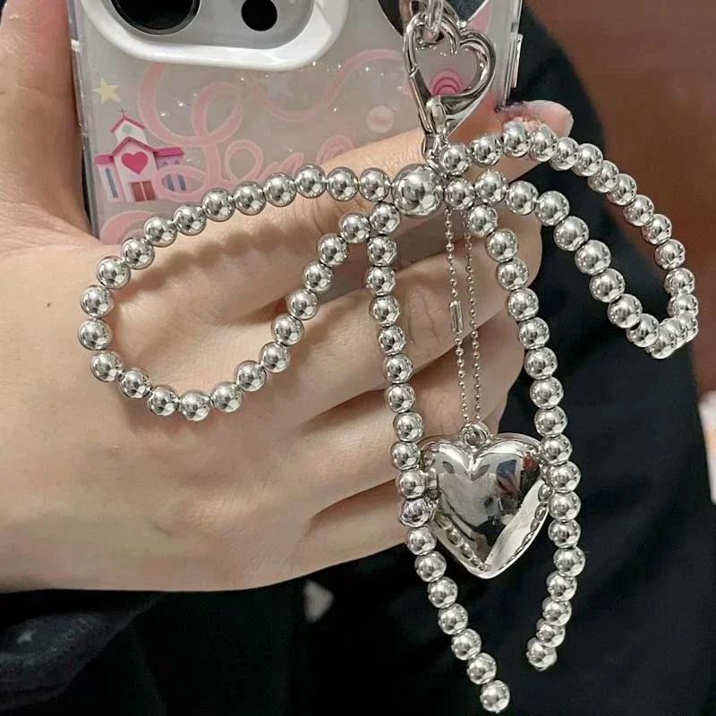 New Sweet Bowknot Heart Keychain Pendant Lovely Beaded Hanging Decorations Keyring Charm Phone Lanyard Phone Charm Bag Pendant