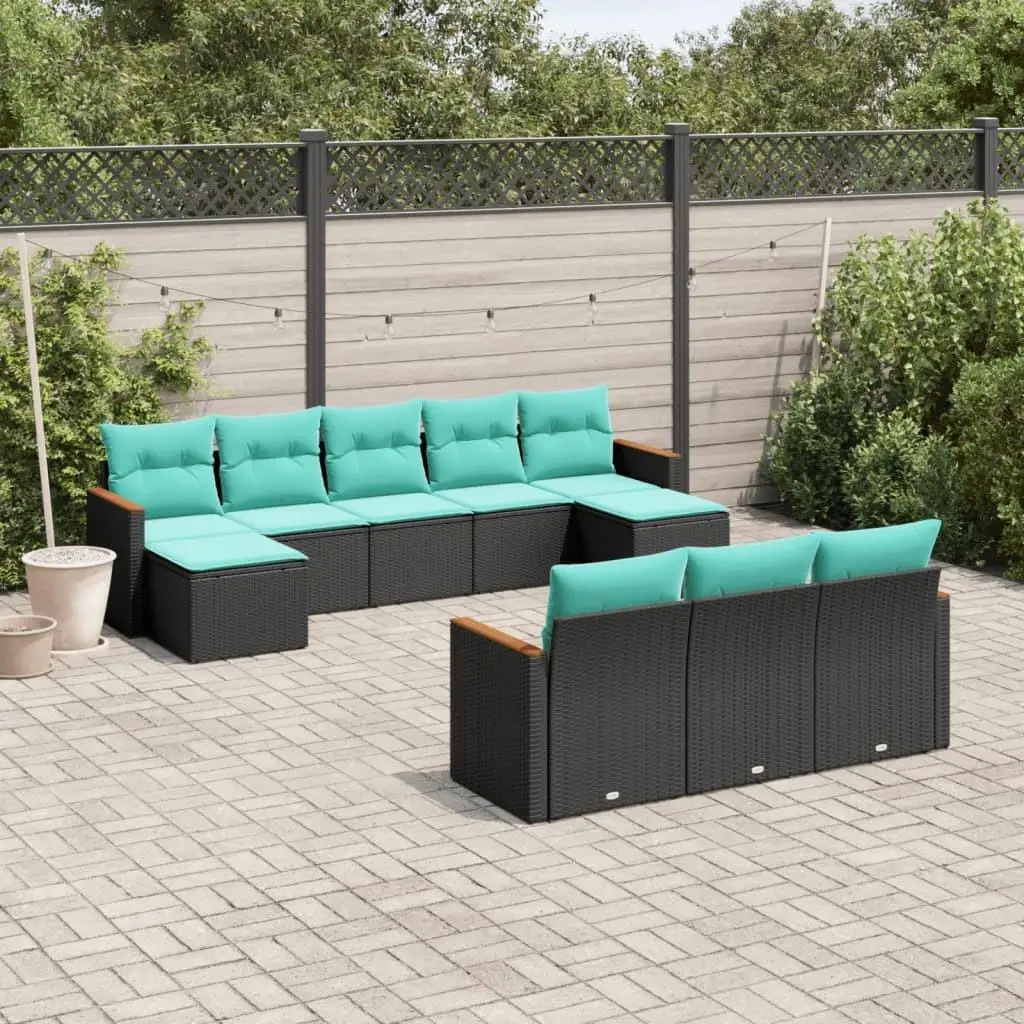 10-Piece Black Poly Rattan Patio Sofa Set with Cushions - Stylish Outdoor Furniture