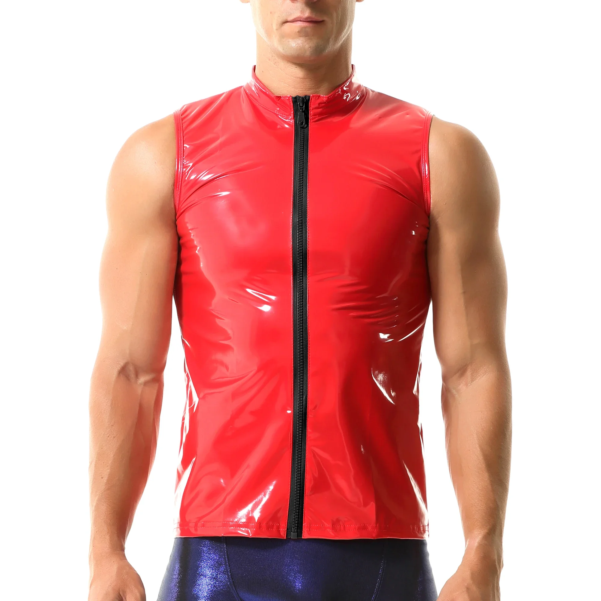 Men\'s Wet Look Glossy PVC Leather Tank Tops Sleeveless T-shirts Stand Collar Sexy Front Zipper Nightclub Dance Vest Undershirts