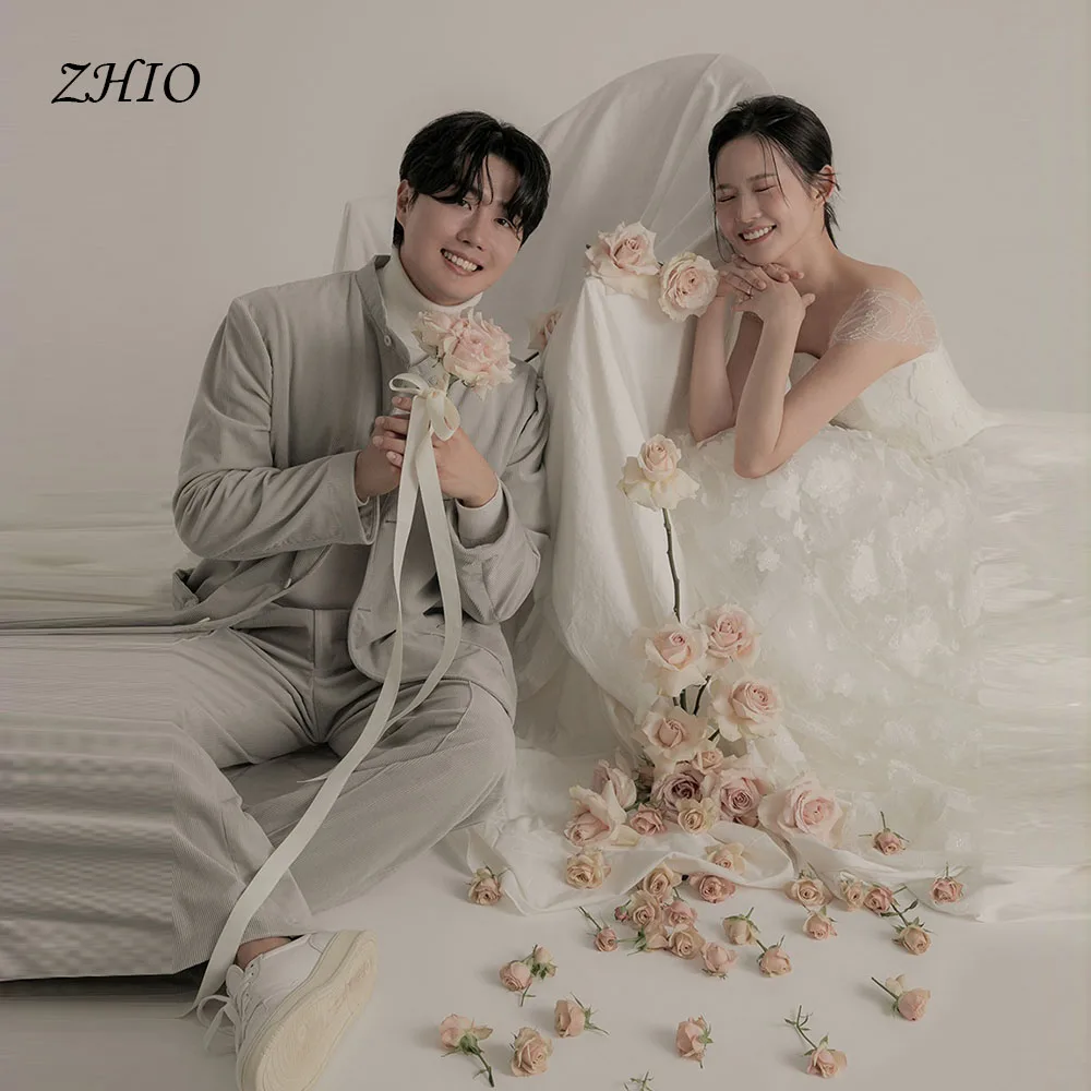 ZHIO Abito bianco a trapezio Matrimonio coreano Pizzo Tulle Senza spalline Corsetto personalizzato Lunghezza pavimento Matrimonio Snap Festa di lusso nne Anelli