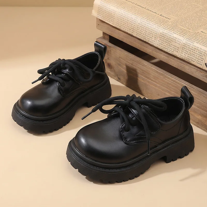Boys Girls PU Leather Shoes Black New Spring Autumn British Style Soft Sole Children's Loafer Flats Size 26-36