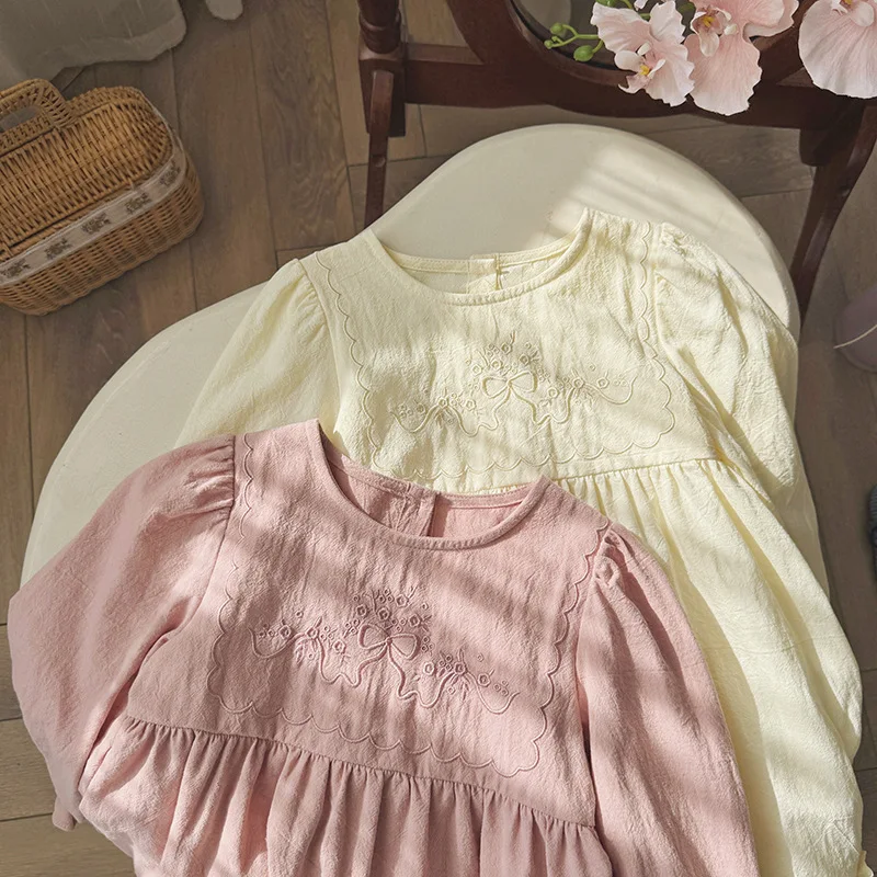 

French Bow Embroidered Girls Dress2025Autumn Long Sleeve Sweet Children's Dress Stylish Cake Dress Wholesale