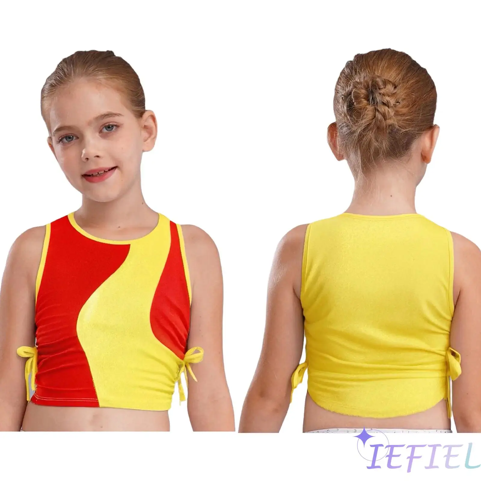 

Girls Jazz Dance Stage Performance Metallic Mini Dots Color Block Crop Top Sleeveless Bowknot Ruched Vest for Casual Belly Sport
