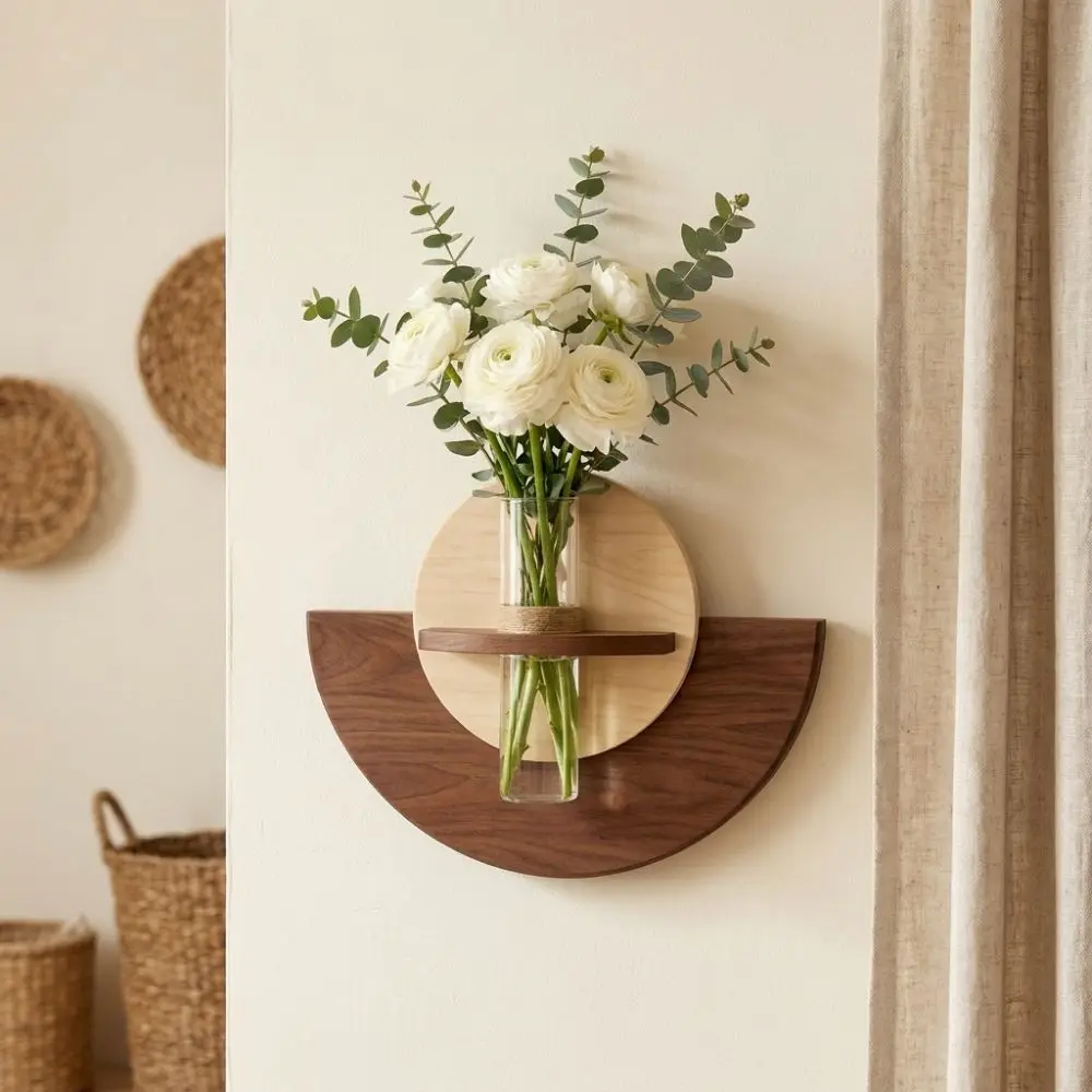 Oval Wood Wall Mount Flower Shelf Hydroponic Display Thick Wall Flower Vase Space Saving Hanging Plant Panel Home Room Decor
