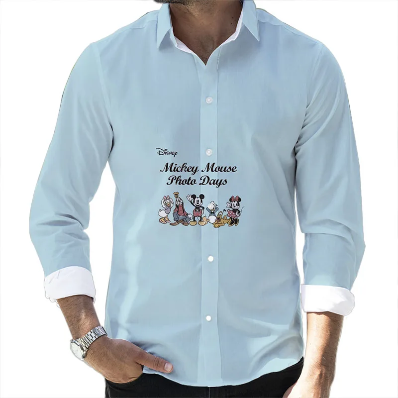 Street Style Mickey Minnie Cartoon 2024 Spring Harajuku New Fashion Casual 3D Printed Long Sleeve Lapel Shirt Slim Men's Top