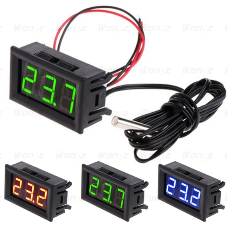 Temperature digital display module kit with probe, available in red, blue, and green; compatible with ESP32 and Raspberry Pi.