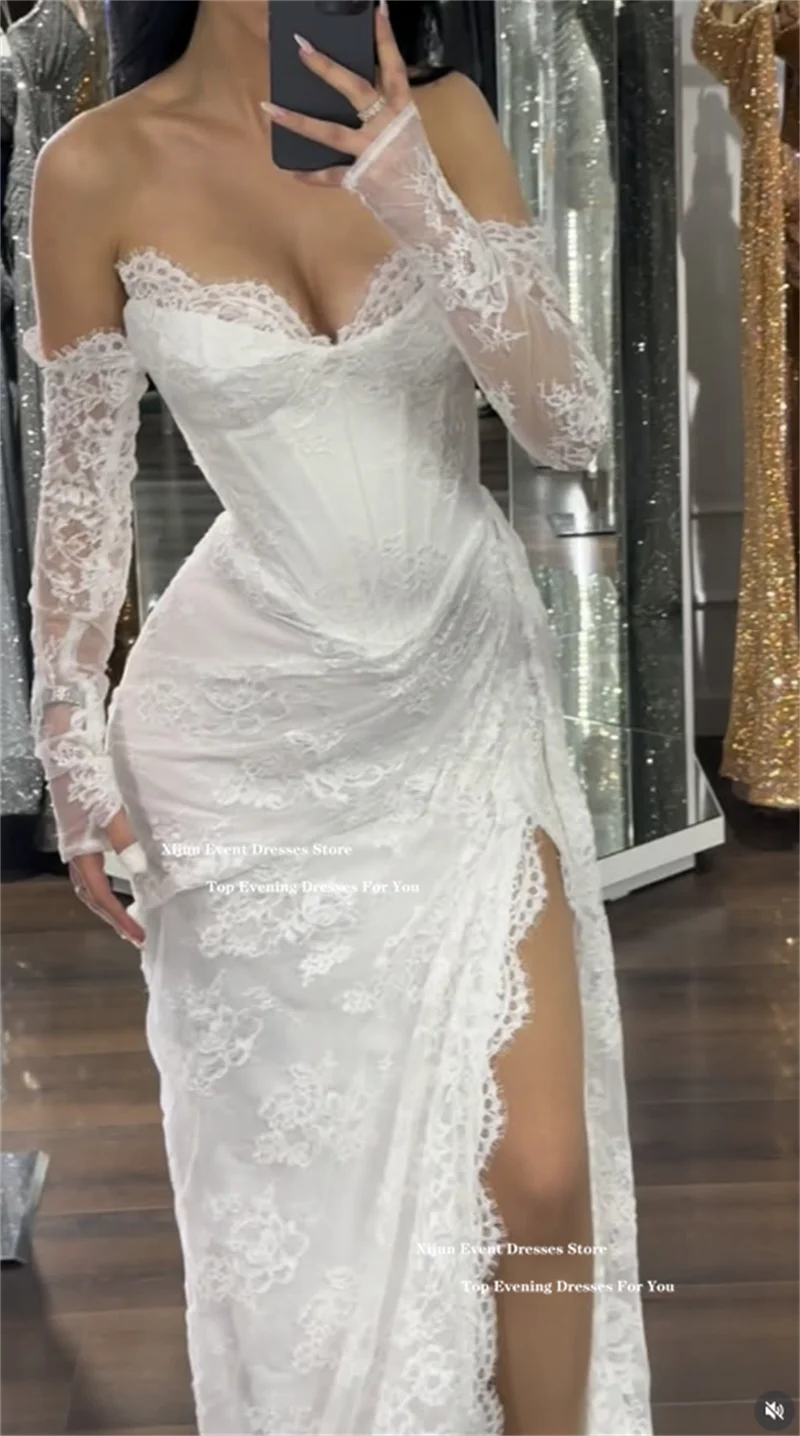 Xijun Luxe Ivoor Kant Trouwjurken Sweetheart Hoge Split Formele Galajurken Bloemen Bruidsjurken Met Mouwen Aangepast