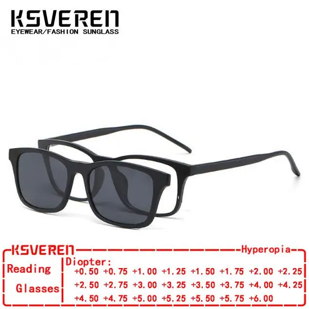 

KSVEREN Square Blue light Blocking Reading Glasses Men Women 5 in 1 Magnetic Clip-on Polarized Sunglasses Retro Optical Glasses