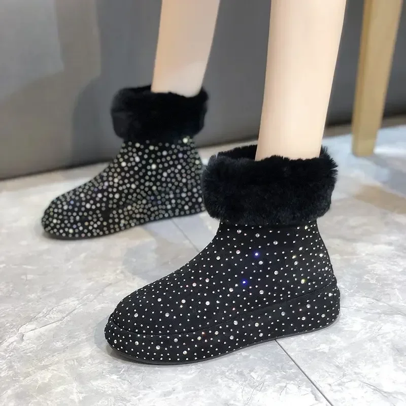 2024 New Luxury Designer Women\'s Snow Boots Thick Plush Fashion Winter Cotton Shoes Shining Water Diamond Warm Shoes zapatos