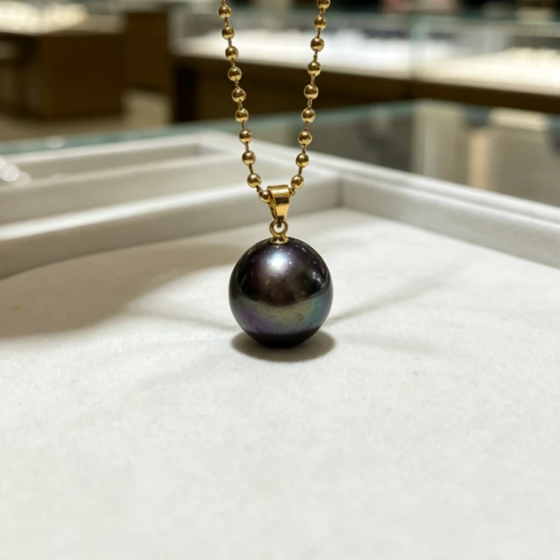 Natural Black Purple Pearl Pendant Necklace, 15-16mm Round Pearl, 925 Sterling Silver Chain, Single Pendant