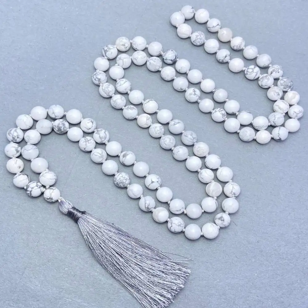

Natural Howlite 108 Beads Mala Necklace with Silver Tassel Spiritual Meditation Jewelry