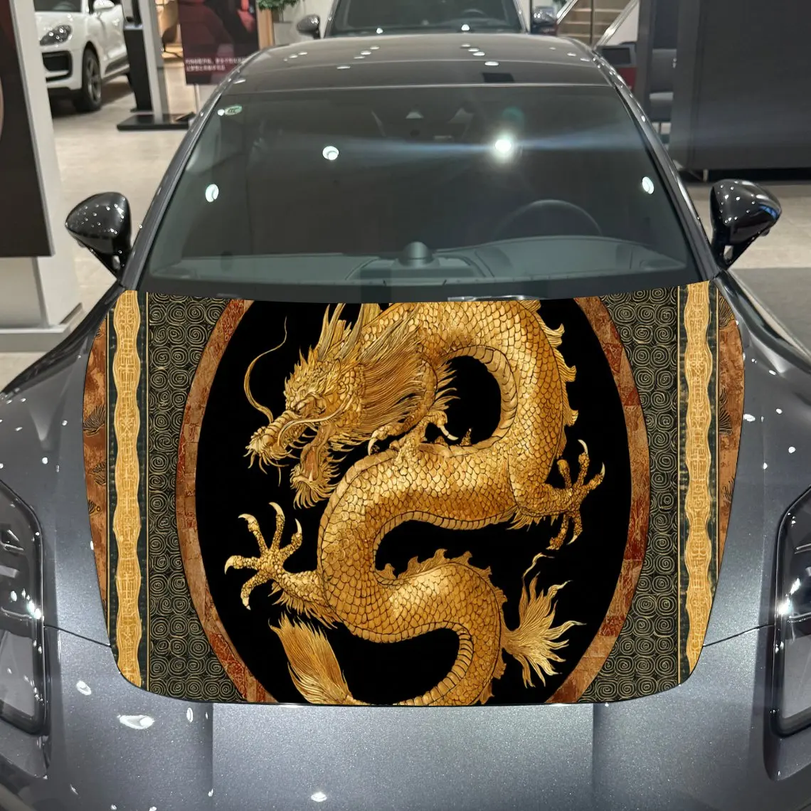 

Golden Chinese Dragon Traditional Dominant PVC Car Hood Wraps, Self-Adhesive Waterproof Car Bonnet Decal Sticker, Car Decoration