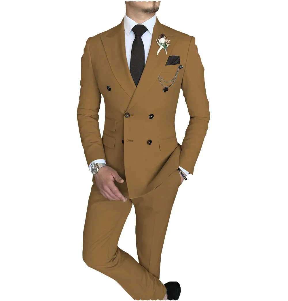 Men\'s Suit 2 Piece Double Breasted Peak Lapel Jacket Business Casual Slim Fit Wedding Suit For Men ( Blazer+Pants)