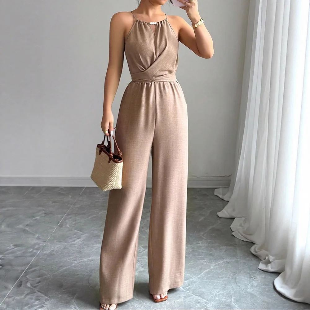 New fashionable and sexy waist sleeveless lace-up neck off-the-shoulder comfortable jumpsuit for women