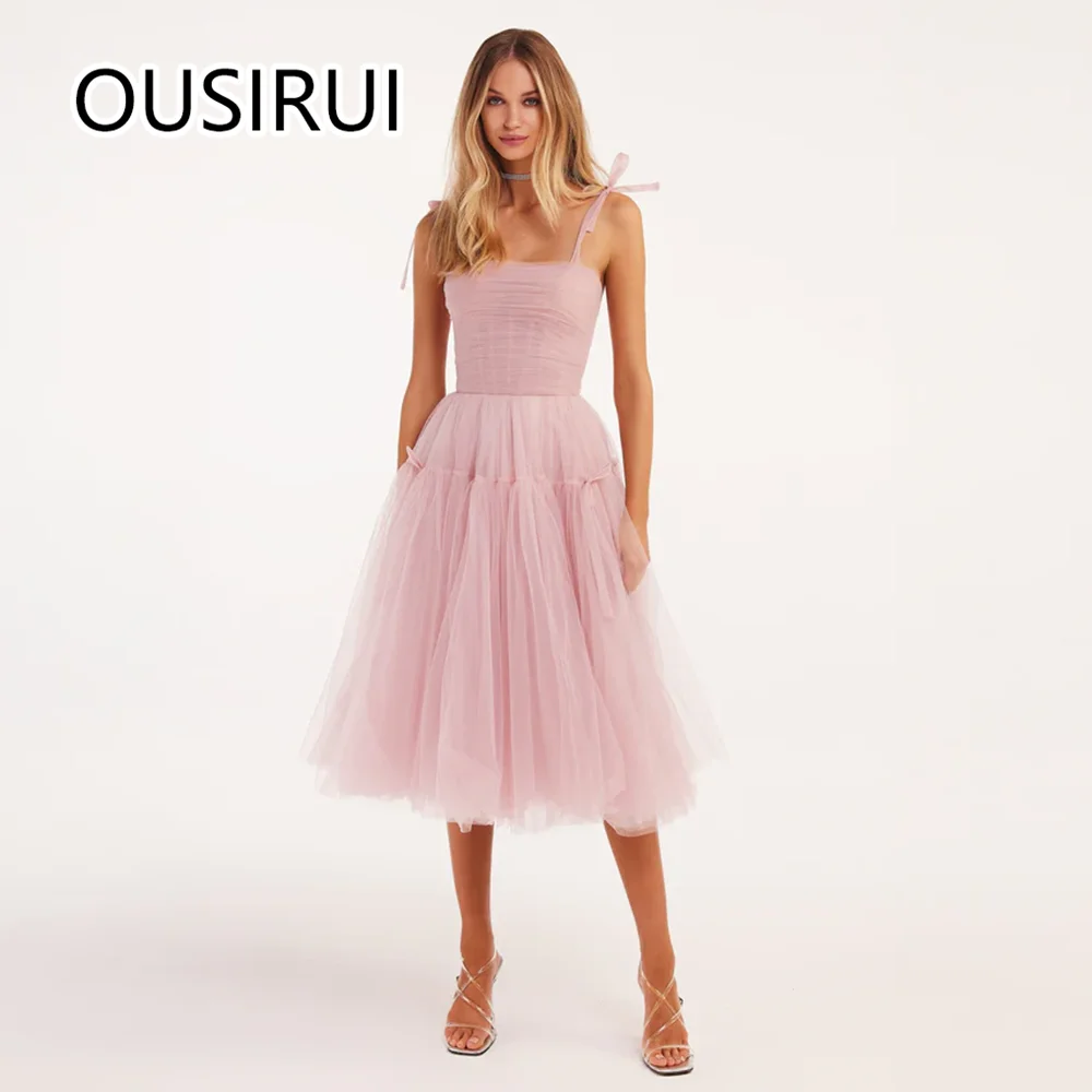 

Elegant Boat Collar Tulle Spaghetti Straps Bridal Prom Party Gowns A-line Backelss and Lace up Tea-Length Graduation Girls Dress