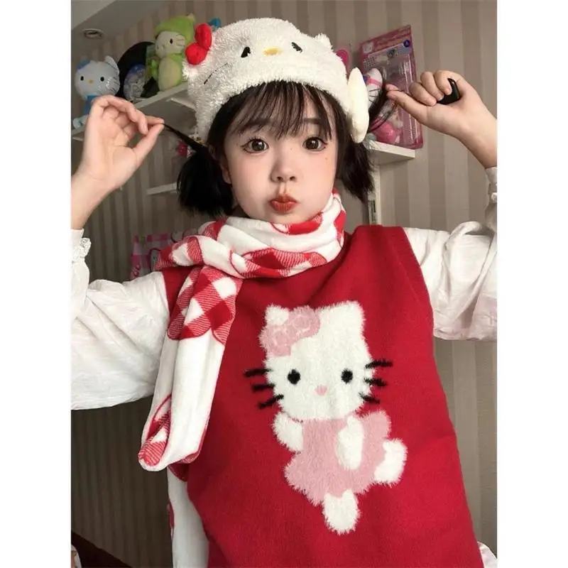 

New Sanrios Hello Kittys Knitted Vest Red Sleeveless Tops Pullover College Cute Women Japanese Cartoon Sweater Vest Xmas Gift