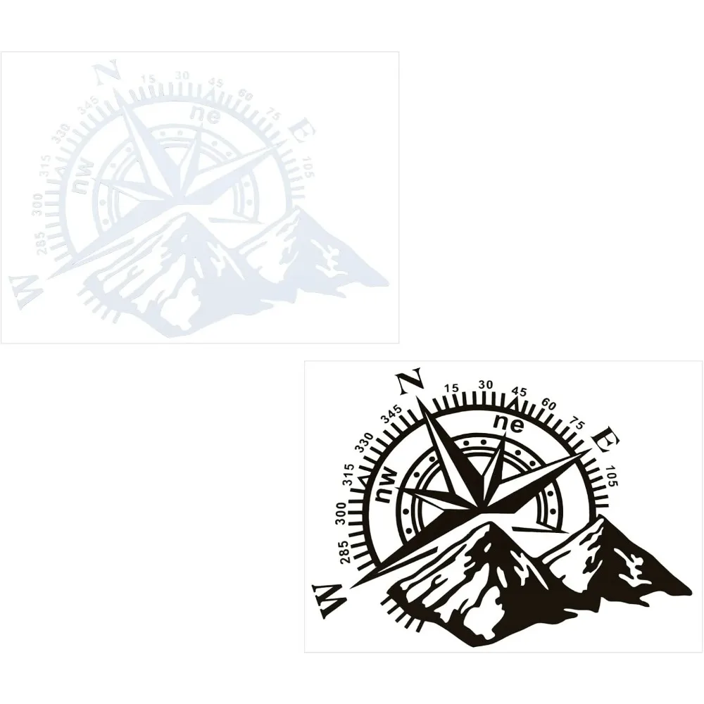 2PCS 2 Colors Compass and Mountain Stickers Large Compass Decal PET Adhesive Waterproof Decal Sticker for Car Camper