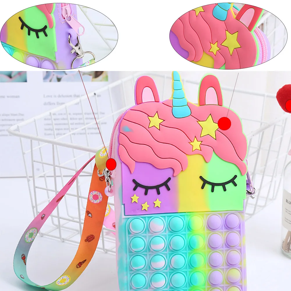 Kawaii Fidget Toys Popite Big Silicone Bubble Decompression Toy Unicorn Bag Coin Purse Simple Dimple Crossbody Bags for Girls