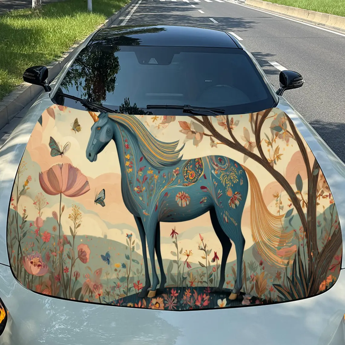 ملصقات غطاء السيارة الفنية على شكل حصان زهري - لفافة فينيل ذاتية اللصق ومقاومة للماء ومتينة، تزيين وتحمي سيارتك، تناسب F