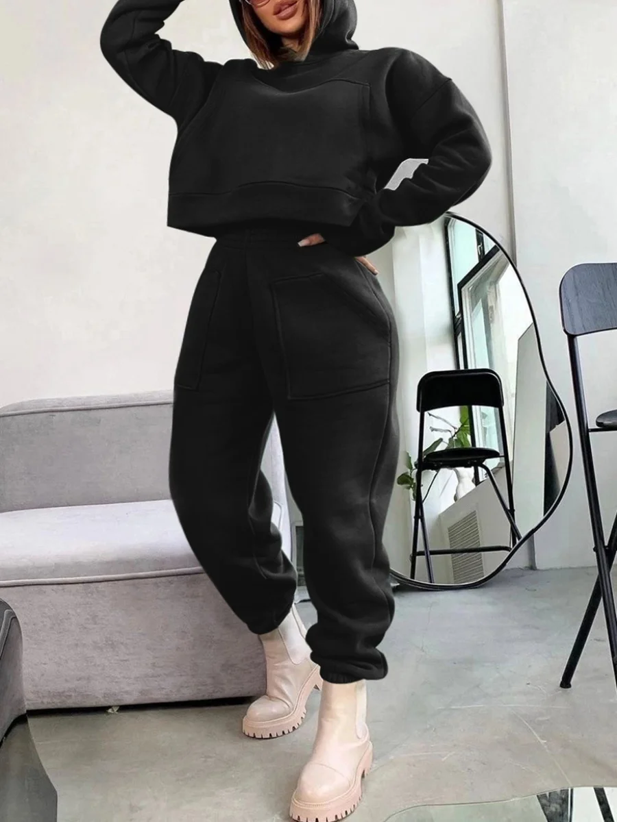 LW BASICS Plus Size Hooded Collar Regular Fit Tracksuit Set Casual Matching Suit Long Sleeve Plain Two Pieces Outfit for Women