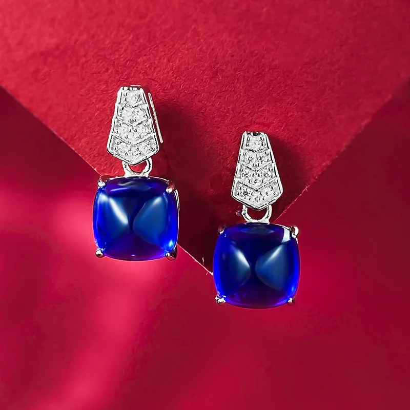 New European and American S925 silver inlaid 8 * 8 royal blue sugar tower earrings for women with noble and elegant temperament