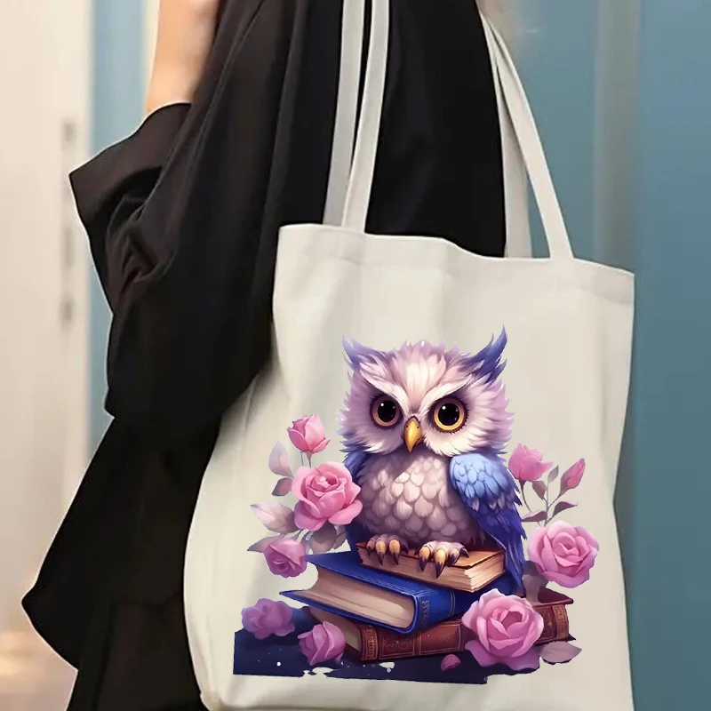 Bolso de mano informal con diseño de búho y flores para mujer, bolso de compras con animales de acuarela, bolso de hombro para ir al trabajo con dibujos de animales para adolescentes