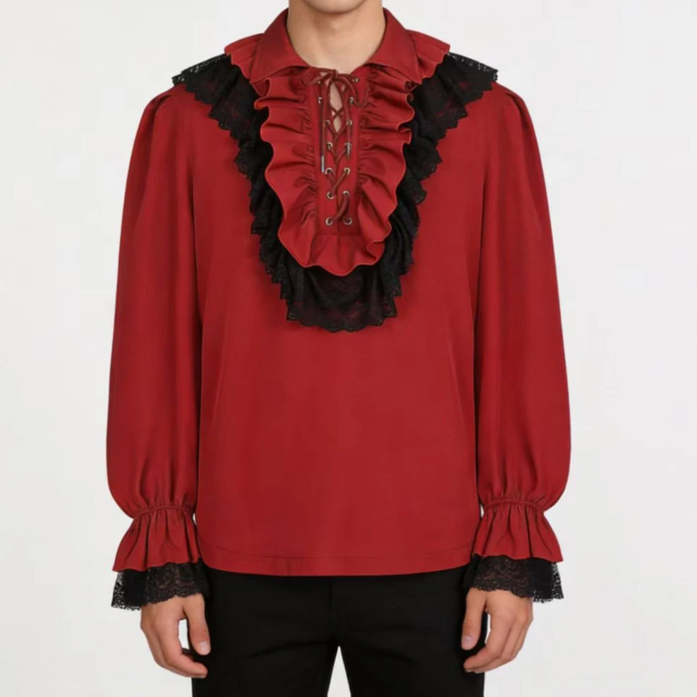 Unisex Red Gothic Victorian Blouse Lace Ruffle Long Sleeve Shirt Medieval Renaissance Court Style Tops For Men Halloween Cosplay