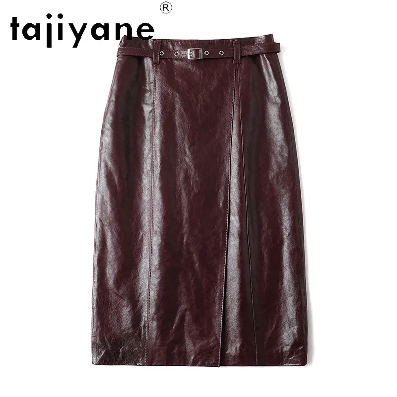 TAJIYANE Oil Wax Sheepskin Genuine Leather Skirt Woman Belted Midi Skirt Elegant Women's Skirts Split A-Line Skirts 2026 Woman