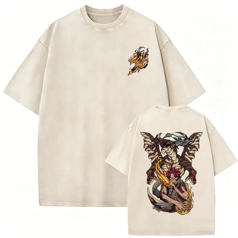 Washed Vintage Anime Fairy Tail Graphic T Shirt Manga Natsu Dragneel Print T-shirt Men Women Fashion Casual Oversized T-shirts