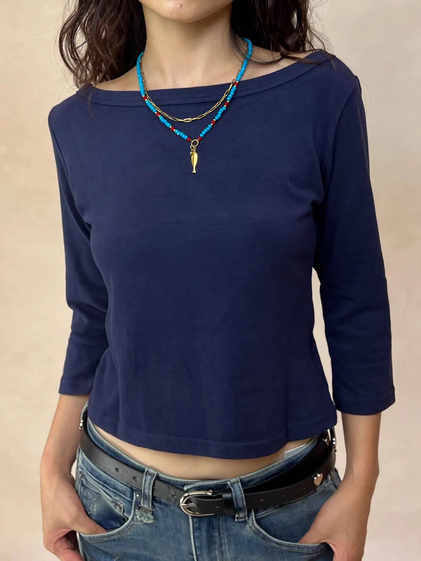 Solide Grund Hülse Mit Drei Vierteln T-shirts Frau Herbst Slash Neck Baumwolle Schlank Crop Top Weibliche Casual Einfach Alle-spiel t-shirts – Detail 1
