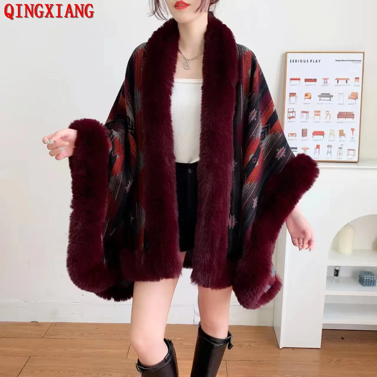 

2022 Women Winter Thick Warm Printed Shawl Outer Wear Batwing Sleeves Cloak Faux Woolen Rabbit Fur Big Collar Loose Capes Coat