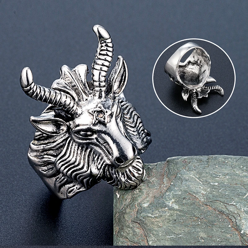 خاتم رجالي من خليط معدني برأس الماعز Baphomet ، مجوهرات بانك قوطي خماسي شيطاني ، خاتم هيب هوب للدراجات النارية بلون فولاذي لهدايا ماني