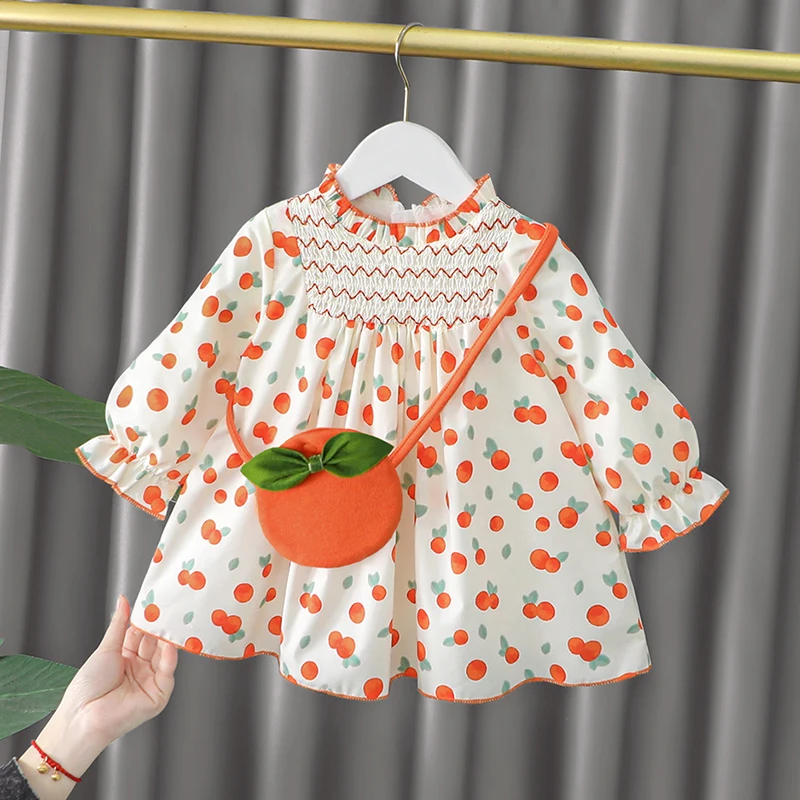 

Xmas Spring Autumn Children Dress Orange Print Dress Round Neck Long Sleeved Baby Dress With Same Color Bag Cute Princess Dress