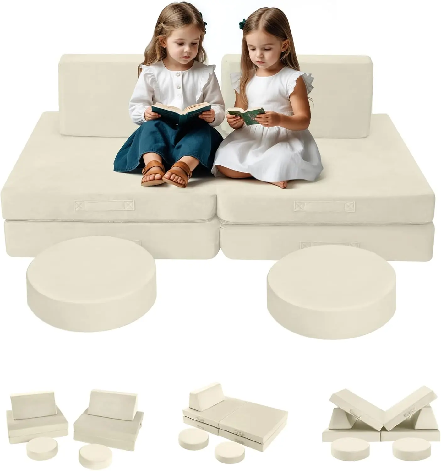 Kids Couch for Playroom, Modular Kids Play Couch for Toddlers, Beige Building Fort Explorer Set, Foam Couch Sofa