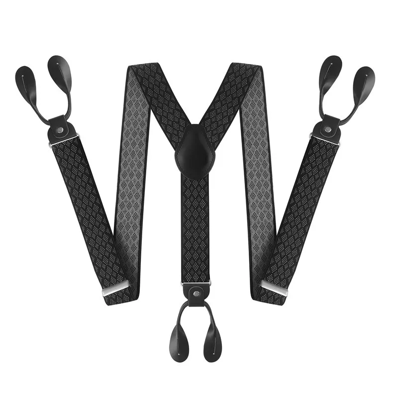 3.5cm Width Vintage Suspenders For Men  Button End Black PU Leather Trimmed Y Back Adjustable Elastic Trouser Braces Strap Belt