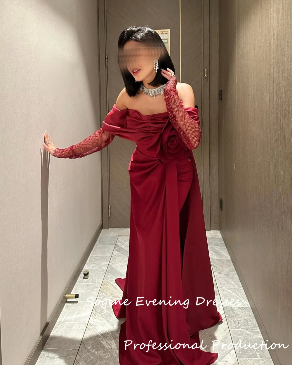 

Satin Customized Wine Red Sexy Prom Dresses Mermaid فساتين سهرة For Women 3/4 Lace Sleeve With Knot Custom Made Evening Dress
