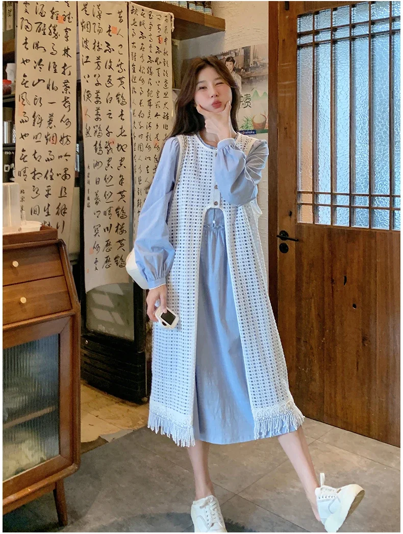 MiiiiX Mori Girl Style Sweet Dress Sets Women's 2024 Autumn Casual Loose Ruffles Blue Shirt Dress Tassel Hollow Smock Long Vest