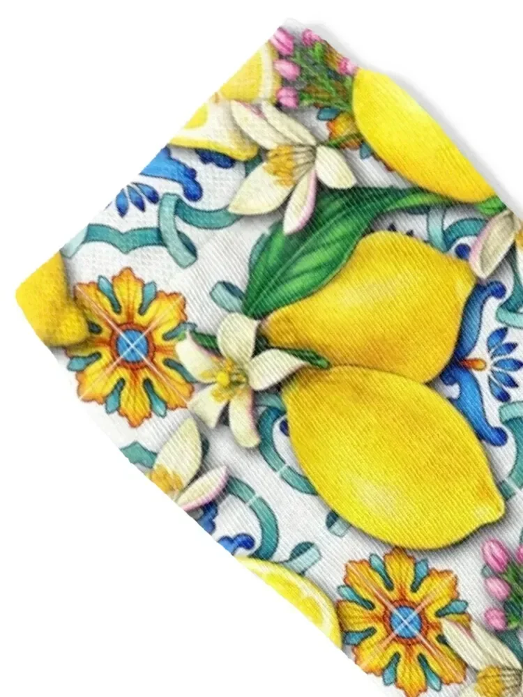 Bright Mediterranean Sicilian Tiles with Citrus Lemons Socks Lots with print Socks Woman Men's