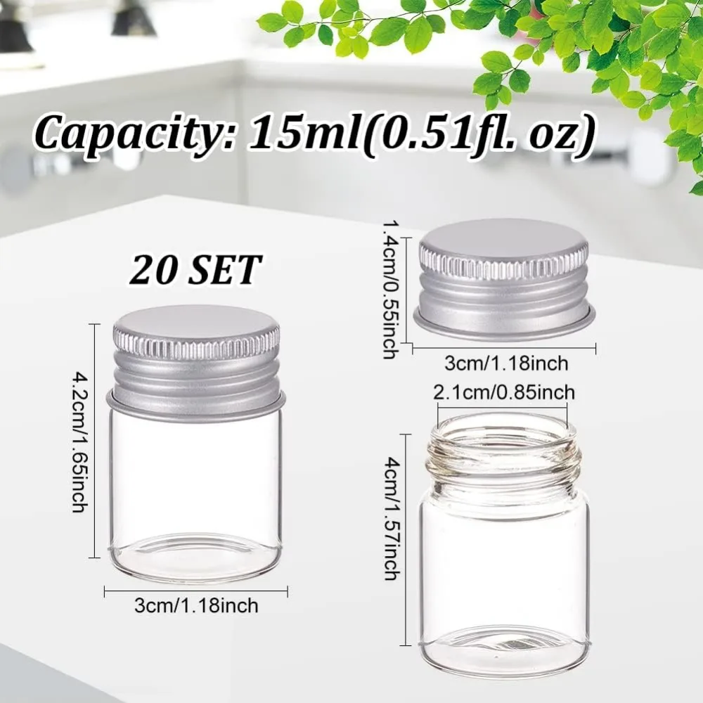 20 Pack 15ml/0.5oz Tiny Glass Bottles Sample Vials Glass Bottles with Aluminum Screw Top Lids for DIY Jewelry Accessories