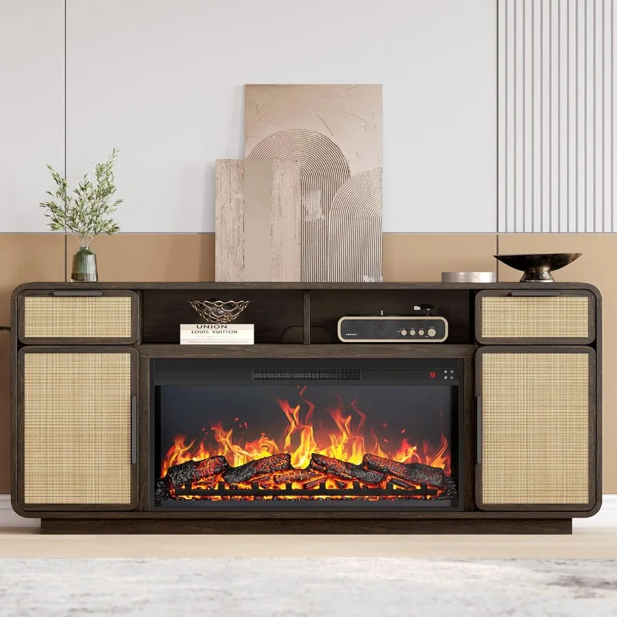 

68 TV Stand for TVs Up to 75 with Boho-Style Rattan Decorated Console Table Design Integrated 36 Electric Fireplace Heater with