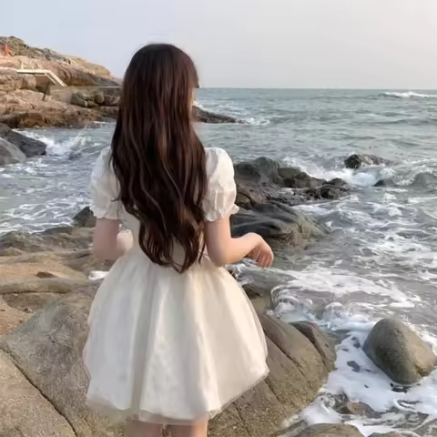 Puff Sleeve Mesh Mini Dress Women's Elegant A-Line Party Dress, Breathable Spliced Cocktail Attire for Wedding &amp; Evening Events