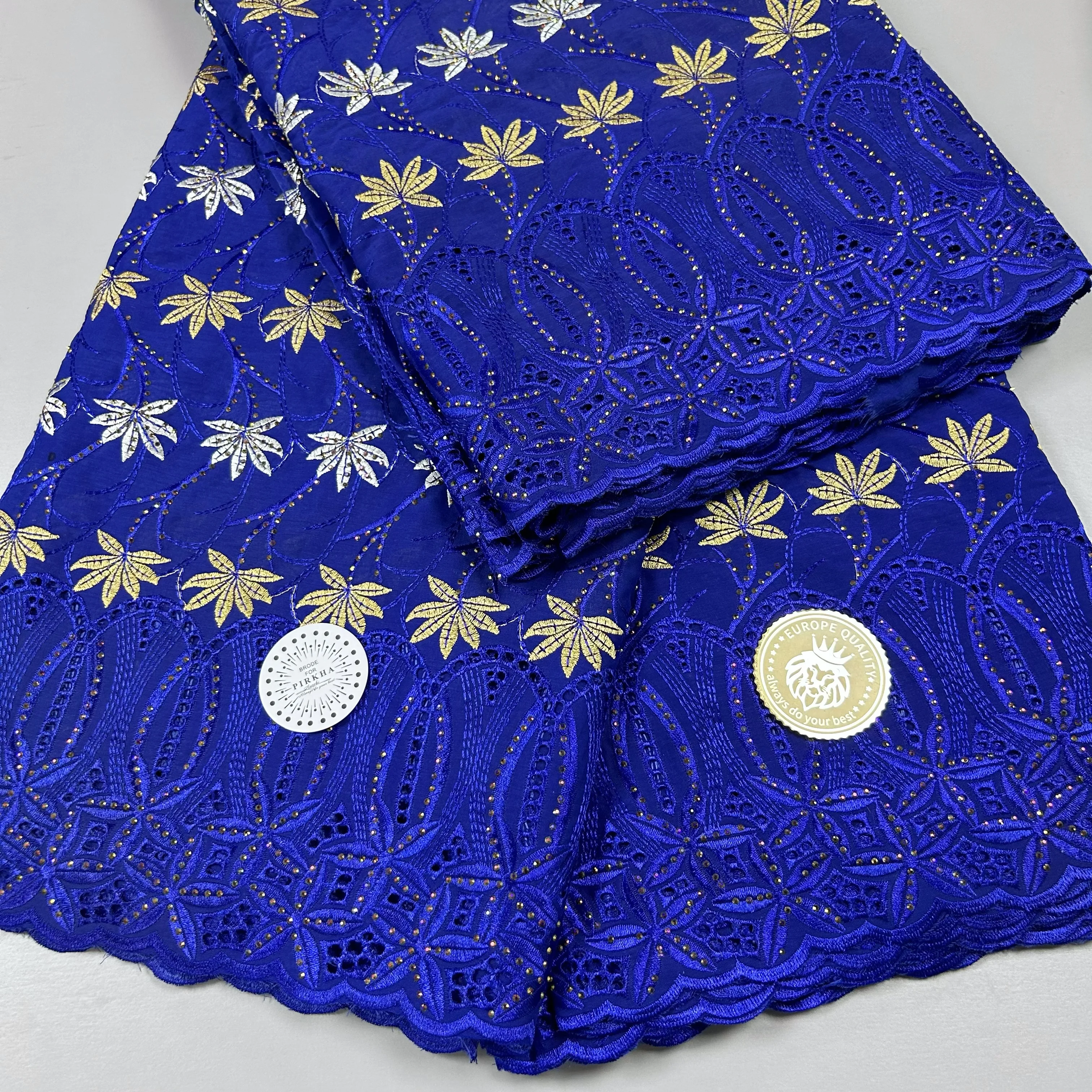 

New Blue African Cotton Lace Fabric 2024 New Arrivals 5Yards Swiss Voile Lace with Stones For Sewing Women Wedding Party Dresses